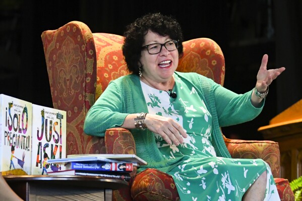 FILE. Supreme Court Justice Sonia Sotomayor addresses attendees of an event promoting her new children's book "Just Ask!" in Decatur, Ga., Sept. 1, 2019. (AP Photo/John Amis, File)