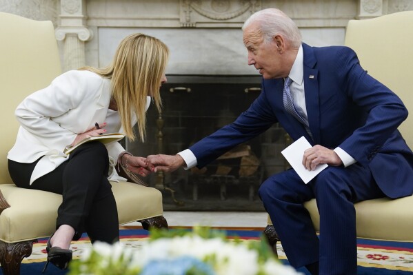 President Joe Biden meets with Italian Prime Minister Giorgia Meloni in the Oval Office of the White House, Thursday, July 27, 2023, in Washington. (AP Photo/Evan Vucci)