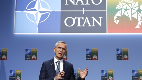 NATO Secretary General Jens Stoltenberg speaks during a media conference ahead of a NATO summit in Vilnius, Lithuania, Monday, July 10, 2023. NATO Secretary General Jens Stoltenberg says Turkey's President Recep Tayyip Erdogan has agreed to send Sweden's NATO accession protocol to the Turkish Parliament "as soon as possible." (AP Photo/Mindaugas Kulbis)
