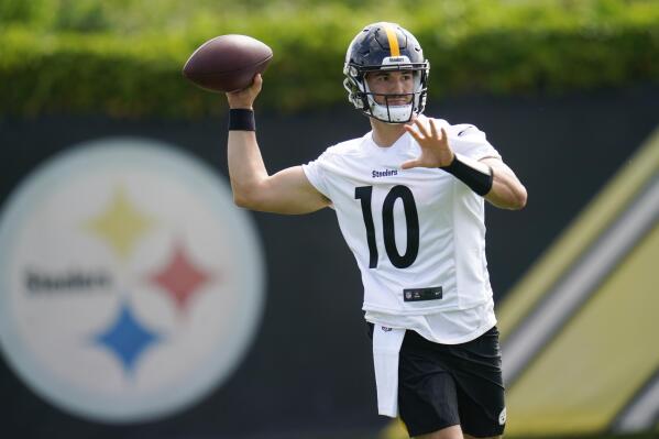 FILE - Pittsburgh Steelers quarterback Mitch Trubisky participates in drills during an NFL football practice in Pittsburgh, Pa., on Tuesday, May 24, 2022. The Steelers enter training camp with the starting quarterback job up for grabs for the first time in nearly 20 years following Ben Roethlisberger's retirement in January. (AP Photo/Keith Srakocic, File)
