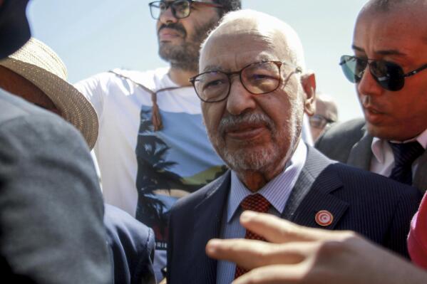 Leader of the Ennahdha party Rached Ghannouchi arrives at Tunisia's anti-terrorism unit in Tunis, Tunisia, Tuesday, July 19, 2022. The leader of Tunisia's main opposition party is due to be questioned by the country's anti-terrorism unit on Tuesday on suspicion of money laundering and terrorist financing through an association charity. (AP Photo/Hassene Dridi)