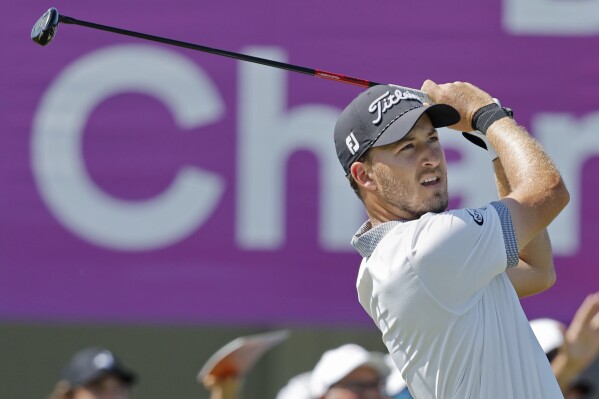 Lee Hodges tees off on the 14th hole during the fourth round at the 3M Open golf tournament at the Tournament Players Club, Sunday, July 30, 2023, in Blaine, Minn. (AP Photo/Bruce Kluckhohn)