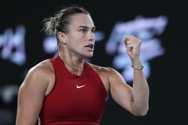 Aryna Sabalenka of Belarus reacts during her semifinal against Coco Gauff of the U.S. at the Australian Open tennis championships at Melbourne Park, Melbourne, Australia, Thursday, Jan. 25, 2024. (AP Photo/Alessandra Tarantino)