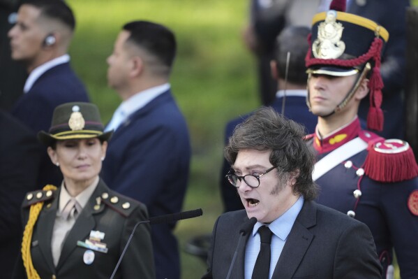 Argentine President Javier Milei speaks during a ceremony commemorating the 43rd anniversary of the conflict between Argentina and Great Britain over the Falkland Islands, known as the Malvinas Islands, at a war memorial in Buenos Aires, Argentina, Wednesday, April 2, 2025. (AP Photo/Natacha Pisarenko)