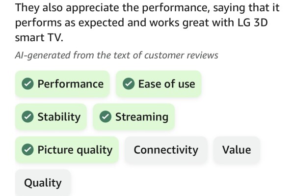 This image provided by shows Amazon shows the new generative AI product review feature. Amazon is rolling out a generative AI feature that summarizes product reviews for customers. The company said in a blog post Monday, Aug. 14, 2023, that it will use AI to pick out common themes in reviews and summarize them in a short paragraph on the product detail page. (Amazon via AP)