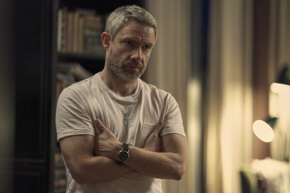 This image released by Lionsgate shows Martin Freeman as Jonathan Miller in "Miller's Girl." (Zac Popik/Lionsgate via AP)