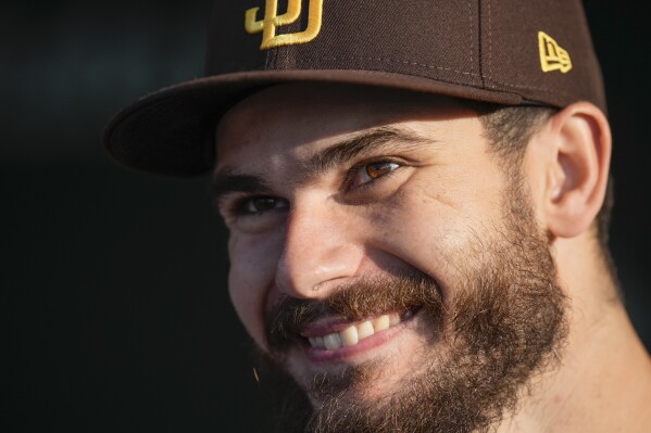 San Diego Padres pitcher Dylan Cease talks to media before a baseball game against the Chicago Cubs, Monday, May 6, 2024, in Chicago. (AP Photo/Erin Hooley)
