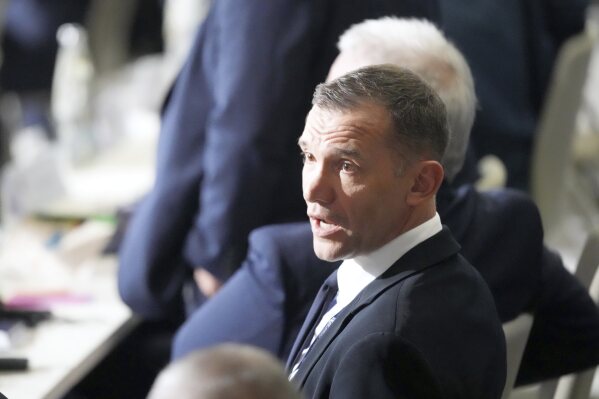 UAF President Andriy Shevchenko of Ukraine is pictured during the 49th ordinary UEFA congress, in Belgrade, Serbia, Thursday, April 3, 2025. (AP Photo/Darko Vojinovic)