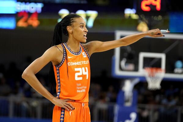 Connecticut Sun's DeWanna Bonner directs a teammate during the second half in Game 1 of a WNBA basketball semifinal playoff series against the Chicago Sky Sunday, Aug. 28, 2022, in Chicago. The Sun won 68-63. (AP Photo/Charles Rex Arbogast)