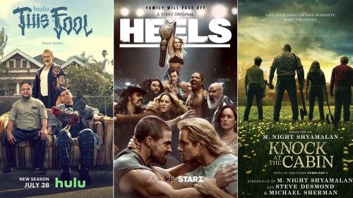 This combination of photos show promotional art for the second season of "This Fool," premiering July 28 on Hulu, left, season two of "Heels," premiering July 28 on Starz, center, and "Knock at the Cabin," a film streaming July 25 on Prime Video. (Hulu/Starz/Amazon/Universal Pictures via AP)