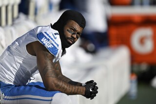 FILE - Detroit Lions cornerback Cameron Sutton (1) looks on from the sideline during the second half of an NFL football game against the Baltimore Ravens, Oct. 22, 2023, in Baltimore. A Florida sheriff's department on Wednesday, March 20, 2024, said it has a domestic violence warrant seeking the arrest of Sutton and asked for public help in finding him. (AP Photo/Terrance Williams, File)