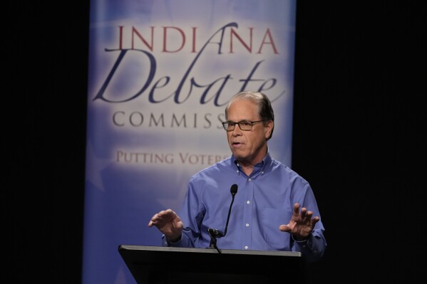 Republican candidate Sen. Mike Braun, R-Ind., speaks during a debate for Indiana governor hosted by the Indiana Debate Commission at WFYI, Thursday, Oct. 24, 2024, in Indianapolis. (AP Photo/Darron Cummings, Pool)