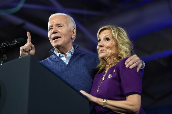 President Joe Biden and first lady Jill Biden speak at a campaign event in Philadelphia, Friday, March 8, 2024. (AP Photo/Manuel Balce Ceneta)