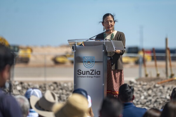 U.S. Secretary of the Interior Deb Haaland speaks during a ground breaking ceremony for the SunZia transmission line project in Corona, N.M. on Friday, Sept. 1, 2023. Haaland said the Bureau of Land Management consistently sought collaboration to develop the best possible route for the line. (Jon Austria/The Albuquerque Journal via AP)