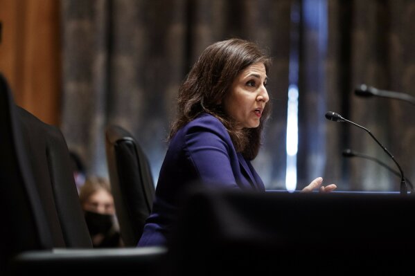 Neera Tanden testifies before the Senate Homeland Security and Government Affairs committee on her nomination to become the Director of the Office of Management and Budget (OMB), during a hearing Tuesday, Feb. 9, 2021 on Capitol Hill in Washington.  (Ting Shen/Pool via AP)