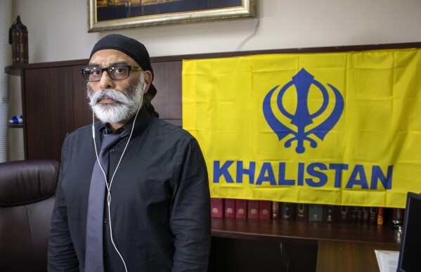 Sikh separatist leader Gurpatwant Singh Pannun is pictured in his office on Wednesday, Nov. 29, 2023, in New York. U.S. authorities said an Indian government official directed a plot to assassinate Pannun in New York City after he advocated for a sovereign state for Sikhs. (AP Photo/Ted Shaffrey)