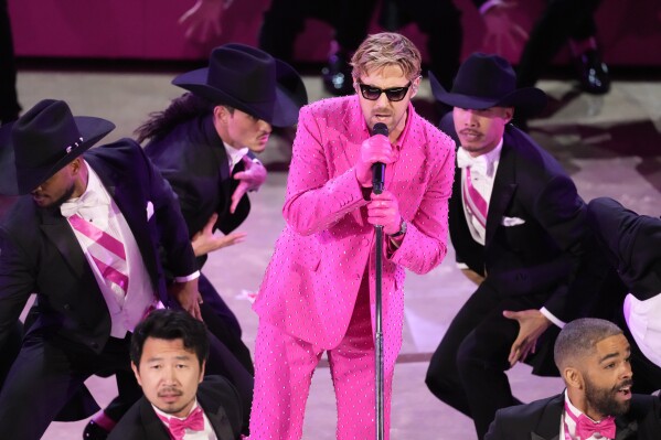 Ryan Gosling performs the song "I'm Just Ken" from the movie "Barbie" during the Oscars on Sunday, March 10, 2024, at the Dolby Theatre in Los Angeles. (AP Photo/Chris Pizzello)