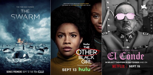 This combination of images shows promotional art for "The Swarm," a series premiering Sept. 12 on The CW, left, "The Other Black Girl," a series premiering Sept. 13 on Hulu, center, and "El Conde," a film premiering Sept. 15 on Netflix. (The CW/Hulu/Netflix via AP)
