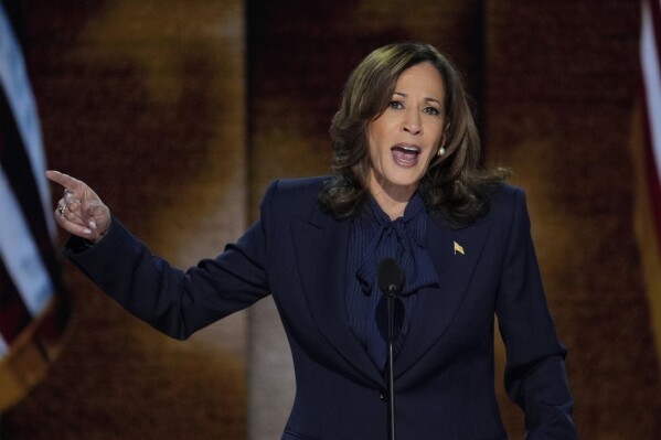 Democratic presidential nominee Vice President Kamala Harris speaks during the Democratic National Convention Thursday, Aug. 22, 2024, in Chicago. (AP Photo/J. Scott Applewhite)