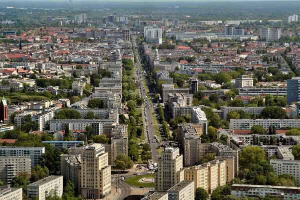 A view of the former Frankfurter Allee, now Karl-Marx-Strasse in central Berlin, Germany, Tuesday, April 29, 2025. (AP Photo/Markus Schreiber)