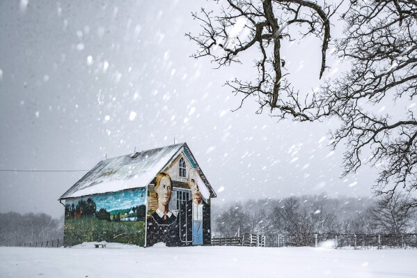 Snow continues to fall over the American Gothic Barn on Friday, Jan. 12, 2024, in Mount Vernon, Iowa. Blizzard conditions will develop in eastern Iowa later Friday until around noon on Saturday. (Geoff Stellfox/The Gazette via AP)