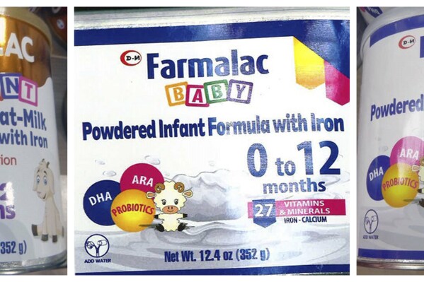 This combination of photos provided by the U.S. Food and Drug Administration shows packaging for, from left, CRECELAC INFANT Powdered Goat-Milk Infant Formula with Iron 0 to 12 months, Farmalac BABY Powdered Infant Formula with Iron 0 to 12 months, and Farmalac BABY Powdered Infant Formula with Iron Low Lactose 0 to 12 months. On Friday, May 31, 2024, U.S. health officials warned parents to avoid powdered infant formula sold by a Texas dairy producer, because a dangerous bacteria was found in one of the company's products. The previous week, the company voluntarily recalled the Crecelac formula and another brand, Farmalac, because they had not received approval by the FDA for sale in the U.S. (FDA via AP)