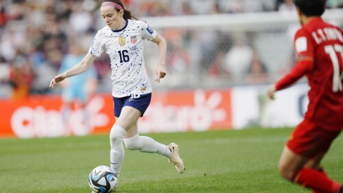 United States' Rose Lavelle dribbles during second half of the the Women's World Cup Group E soccer match between the United States and Vietnam at Eden Park in Auckland, New Zealand, Saturday, July 22, 2023. (AP Photo/Abbie Parr)