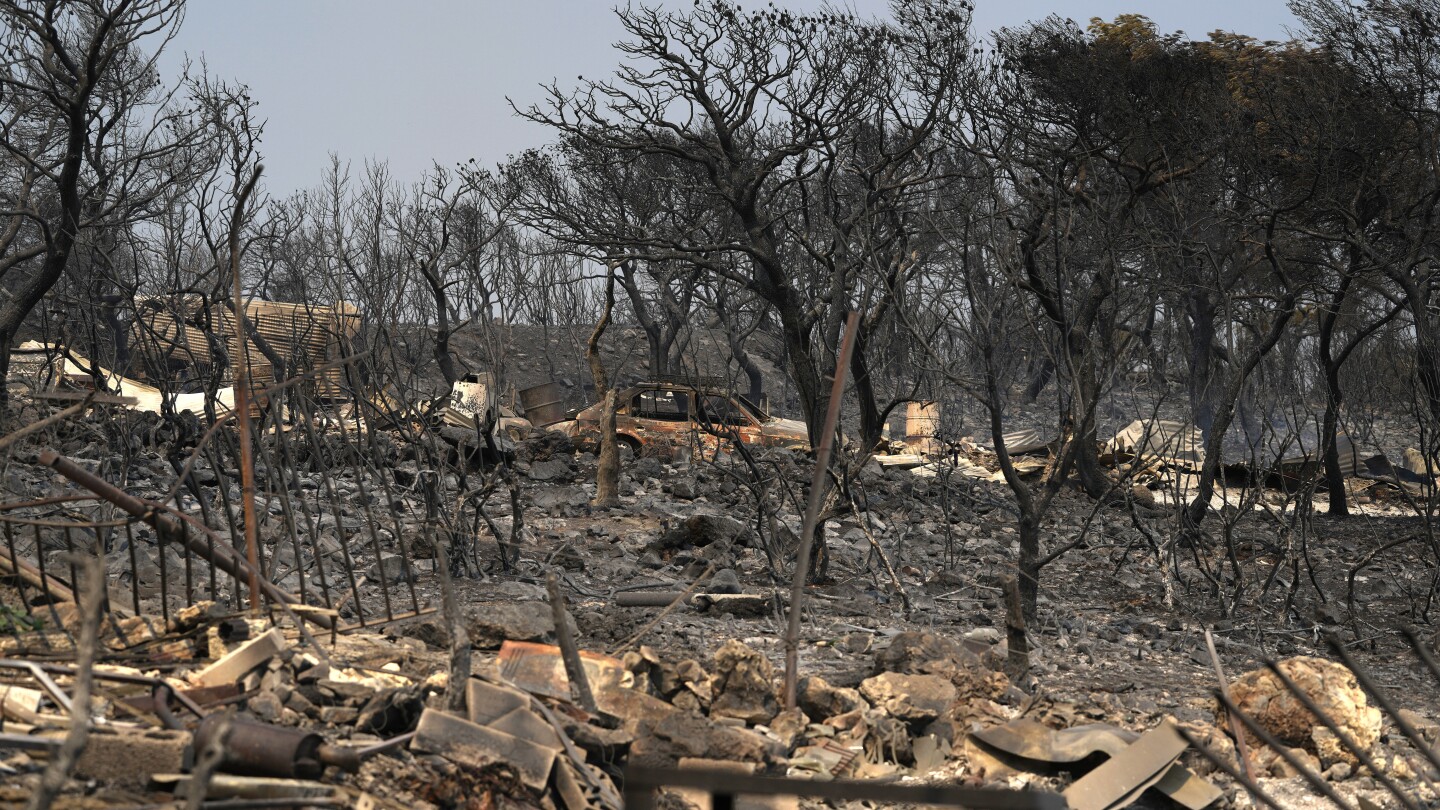 FILE - Burnt trees and a car after yesterday’s fire in Mandra, west of Athens, on Wednesday, July 19, 2023. Europe is the fastest-warming continent 