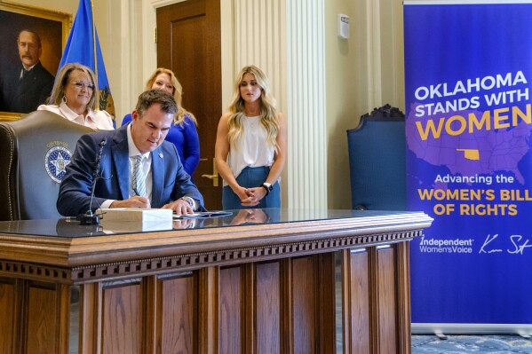 Oklahoma Gov. Kevin Stitt becomes the first governor to sign the Women's Bill of Rights (WBOR) Executive Order during a press conference at the state Capitol in Oklahoma City, Okla. on Tuesday, Aug. 1, 2023. The executive order fortifies into law sex-based words like 'female,' 'woman,' and 'mother' and protecting women-only spaces. (Chris Landsberger/The Oklahoman via AP)