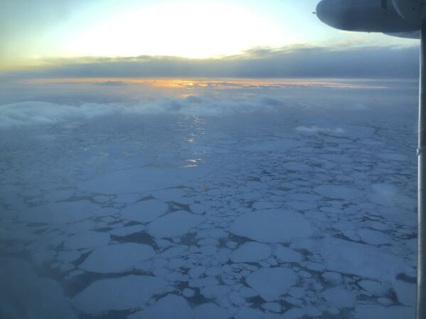 Ice is visible in the Bering Sea Jan. 22, 2020, as seen from a small plane airplane near the western Alaska coast. (AP Photo/Mark Thiessen, File)