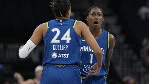 Minnesota Lynx guard Diamond Miller, right, celebrates next to forward Napheesa Collier (24) after a timeout called by the Seattle Storm during the first half of a WNBA basketball game Tuesday, June 27, 2023, in Minneapolis.  (AP Photo/Abbie Parr)