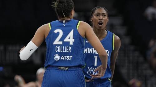 Minnesota Lynx guard Diamond Miller, right, celebrates next to forward Napheesa Collier (24) after a timeout called by the Seattle Storm during the first half of a WNBA basketball game Tuesday, June 27, 2023, in Minneapolis. (AP Photo/Abbie Parr)