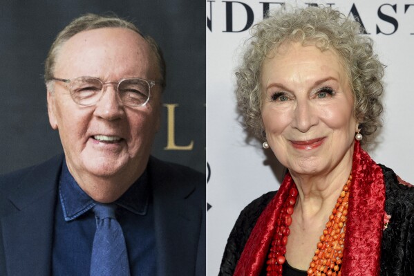 Author James Patterson appears at an event to promote his joint novel with former President Bill Clinton, "The President is Missing," in New York on June 5, 2018, left, and Author Margaret Atwood appears at the Glamour Women of the Year Awards in New York on Nov. 11, 2019. Patterson and Atwood are among thousands of writers endorsing an open letter from the Authors Guild urging AI companies to obtain permission before incorporating copyrighted work into their technologies. (AP Photo)