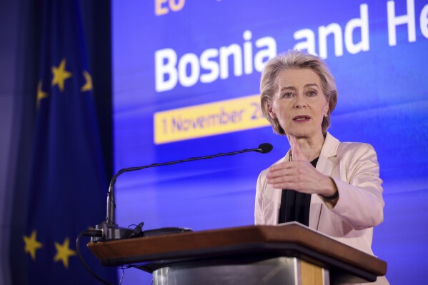 European Commission President Ursula von der Leyen speaks to the media during a joint news conference with the President of the Council of Ministers of Bosnia and Herzegovina Borjana Kristo in Sarajevo, Bosnia, Wednesday, Nov. 1, 2023. (AP Photo/Armin Durgut)