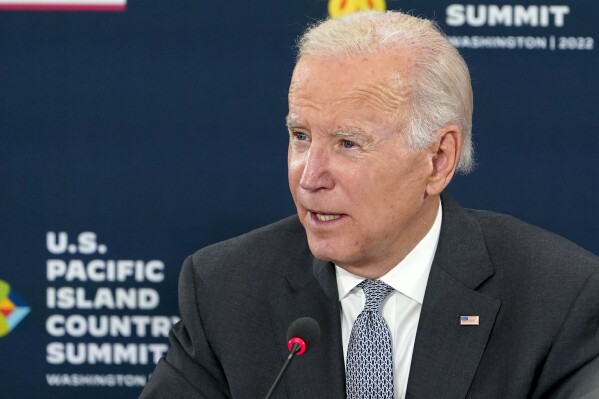 CORRECTS TO REMOVE REFERENCE OF U.S. EMBASSIES - FILE - President Joe Biden speaks during the U.S.-Pacific Island Country Summit at the State Department in Washington, Thursday, Sept. 29, 2022. Biden is set to establish diplomatic relations Monday, Sept. 25, with two South Pacific nations, the Cook Islands and Niue, as his administration aims to show to Pacific Island leaders that it is committed to increasing American presence in the region. (AP Photo/Susan Walsh, File)