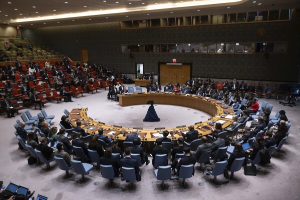 A general view shows a Security Council meeting at United Nations headquarters, Friday, March. 22, 2024. (AP Photo/Yuki Iwamura)