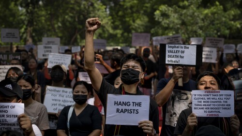 Kuki tribal protestors shout slogans during a demonstration against deadly ethnic clashes in the country's northeastern state of Manipur, in New Delhi, India, Saturday, July, 22, 2023. Protests are being held across the country after a video showed a mob assaulting two women who were paraded naked. Thousands of people, mostly women, held a massive sit-in protest in India's violence-wracked northeastern state of Manipur state demanding immediate arrest of those involved in the harrowing assault. (AP Photo/Altaf Qadri)