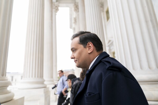 FILE - Rep. George Santos, R-N.Y., leaves the Capitol after being expelled from the House of Representatives, Friday, Dec. 1, 2023, in Washington. (AP Photo/Stephanie Scarbrough, File)