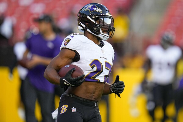 Baltimore Ravens running back J.K. Dobbins runs with the ball before an NFL preseason football game against the Washington Commanders, Monday, Aug. 21, 2023, in Landover, Md. (AP Photo/Julio Cortez)