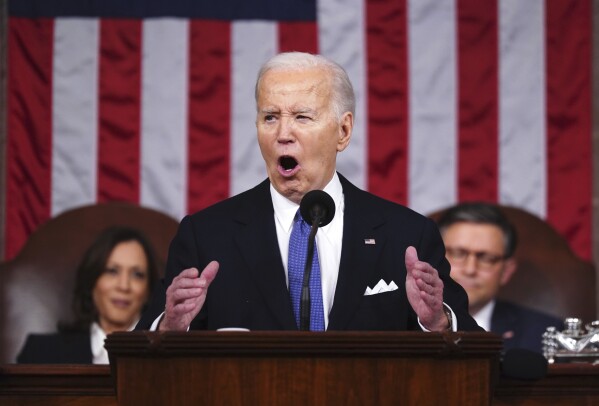 FILE - President Joe Biden delivers the State of the Union address to a joint session of Congress at the Capitol, March 7, 2024, in Washington. (Shawn Thew/Pool via AP, File)