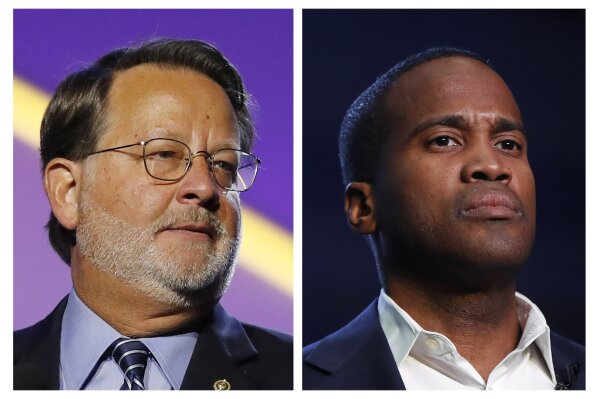 FILE - In this combination of 2018 and 2019 file photos are, from left, Democratic U.S. Sen. Gary Peters, D-Mich., and Republican U.S. Senate candidate John James. James has been called a rising star of the Republican Party so many times it's become a cliche. Now Republicans are looking to the African American combat veteran, business owner and father of three to flip a Senate seat to help the party hold its precarious majority. But James' race against Sen. Gary Peters in a presidential battleground state has suddenly gotten dicier. Although Trump narrowly won Michigan in 2016, the mood seems to be turning away from the president and the GOP. (AP Photos, File)