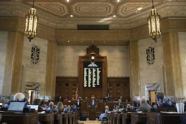 FILE - Louisiana Gov. Jeff Landry addresses members of the House and Senate on opening day of a legislative special session focusing on crime, Monday, Feb. 19, 2024, in the House Chamber at the State Capitol in Baton Rouge, La. Louisiana lawmakers adjourned the 2024 Legislative Session, Monday, June 3, 2024, a three-month long gathering of the GOP-controlled Legislature that was marked by the passage of a slew of conservative policies. (Hilary Scheinuk/The Advocate via AP, File)