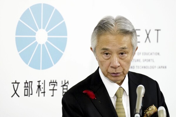 Japan's Education Minister Masahito Moriyama speaks at a press conference in Tokyo Friday. Oct. 13, 2023. Japan’s government asked a court Friday to revoke the legal status of the Unification Church after an Education Ministry investigation concluded the group for decades has systematically manipulated its followers into donating money, sowing fear and harming their families. (Kyodo News via AP)