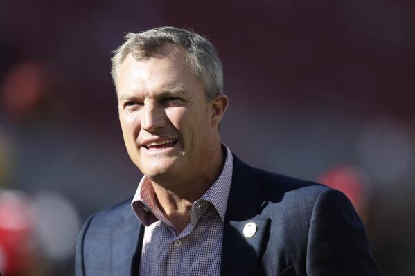 FILE - San Francisco 49ers general manager John Lynch looks on before an NFL football game against the Minnesota Vikings in Santa Clara, Calif., Nov. 28, 2021. The 49ers have helped dictate the first round of the draft in five years under Lynch and coach Kyle Shanahan with top 10 picks four times and multiple first-rounders twice. (AP Photo/Jed Jacobsohn, File)