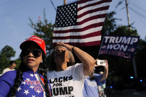 Former President Donald Trump's supporters gather outside of the Fulton County Jail, Thursday, Aug. 24, 2023, in Atlanta. (AP Photo/Brynn Anderson)