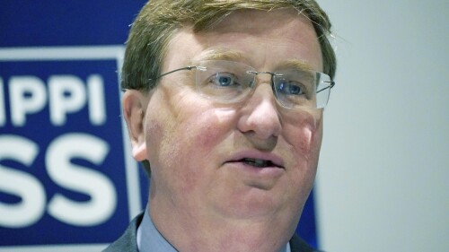 Mississippi Republican Gov. Tate Reeves speaks to his reelection platform before attendees of the Mississippi Press Association annual meeting in Flowood, Miss., Friday, June 16, 2023. (AP Photo/Rogelio V. Solis)