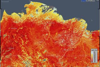 This photo taken on Friday, June 19, 2020 and provided by ECMWF Copernicus Climate Change Service shows the land surface temperature in the Siberia region of Russia. A record-breaking temperature of 38 degrees Celsius (100.4 degrees Fahrenheit) was registered in the Arctic town of Verkhoyansk on Saturday, June 20 in a prolonged heatwave that has alarmed scientists around the world. (ECMWF Copernicus Climate Change Service via AP)