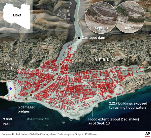 Libya flood map of the city of Derna