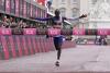 Kelvin Kiptum of Kenya crosses the finish line to win the men's race at the London Marathon on Sunday, April 23, 2023 in London.  (AP Photo/Alberto Pezzali)