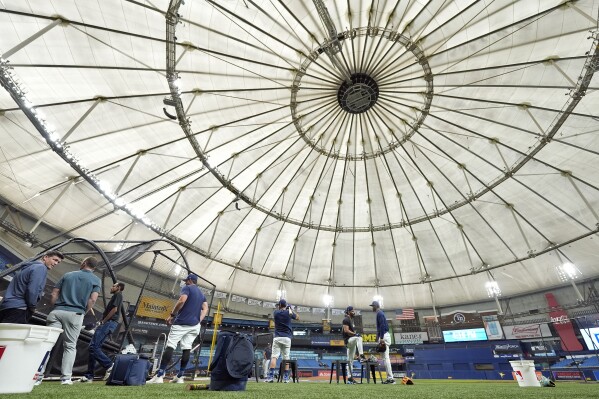 Tampa Bay Rays players take batting practice before a baseball game between the Rays and the Detroit Tigers Wednesday, April 24, 2024, at Tropicana Field in St. Petersburg, Fla.  (AP Photo/Chris O'Meara)